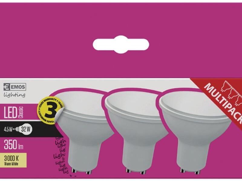 Emos LED žiarovka Classic 4,5W GU10 teplá biela 3ks