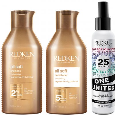 Redken All Soft vyživujúci šampón pre suché a slabé vlasy 300 ml + vyživujúci kondicionér pre suché a slabé vlasy 300 ml + multifunkčná starostlivosť o vlasy 150 ml