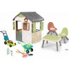 Set domček so záhradným posedením Life Jura Lodge Smoby rozšíriteľný s kŕmidlom a kosačka s fúrikom