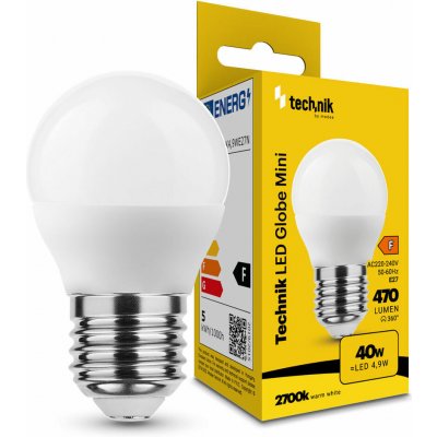Technik LED žiarovka Globe Mini G45 4,9W E27 teplá biela 2700K 470lm MTL-G452700K4,9WE27N