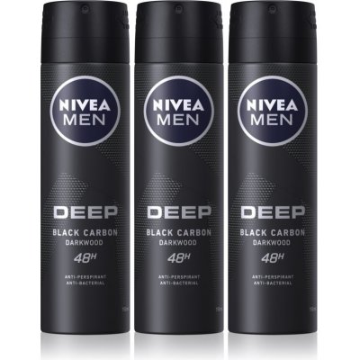 Nivea Men Deep Black Carbon Darkwood antiperspirant v spreji 3 x 150 ml (výhodné balenie) pre mužov