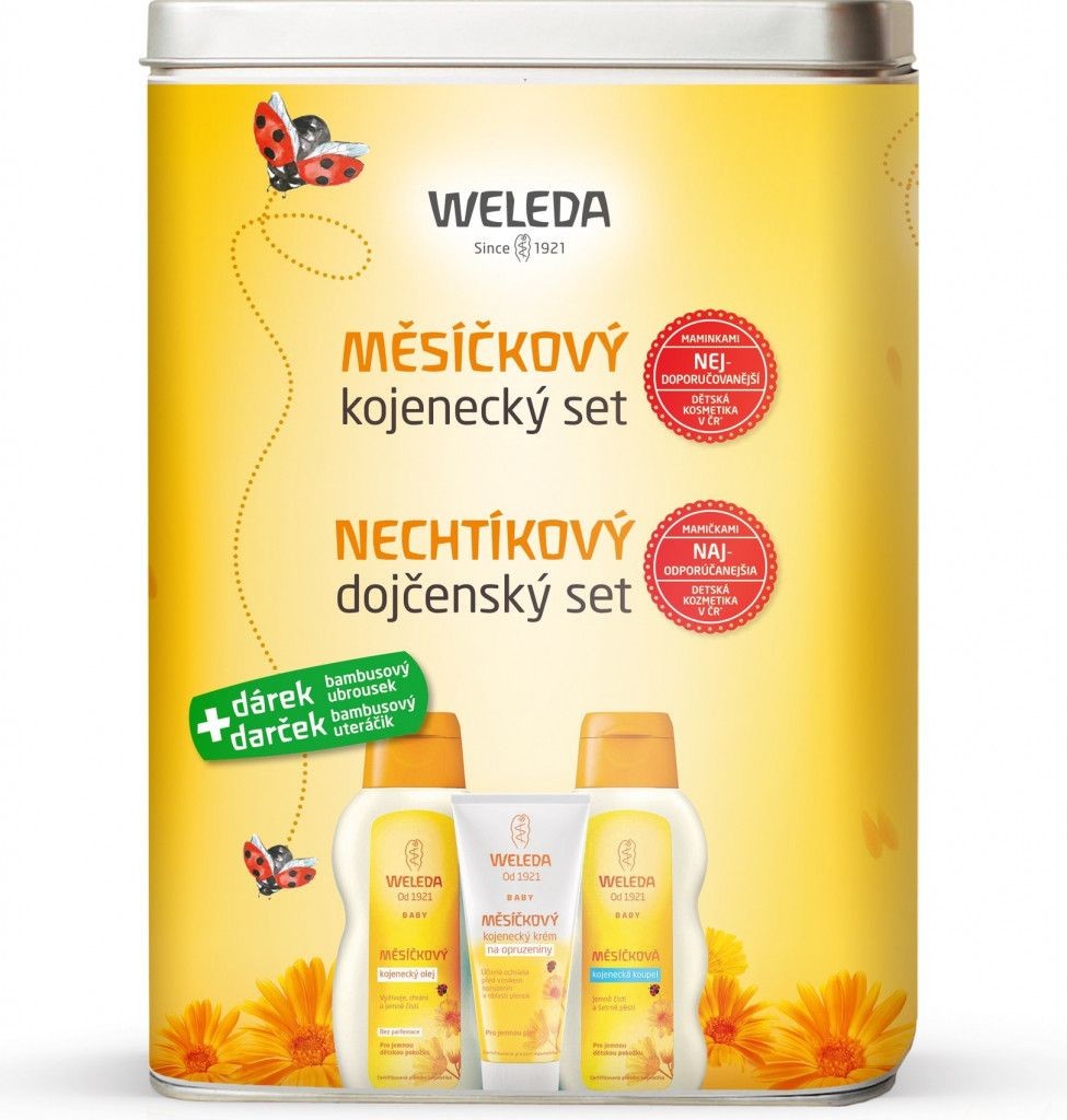 Weleda Měsíčkový kojenecký krém 75 ml + kojenecká kúpeľ 200 ml + kojenecký olej 200 ml + Bavlněná plena s potiskem darčeková sada