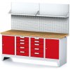 Alfa 3 Dielenský stôl MECHANIC I, perforovaný panel, polica, 2 skrinky a 2 zásuvkové boxy na náradie, 10 zásuviek, 2000x685x880 mm, červené dvere