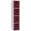 Svařovaná šatníková skriňa Oskar, 4 boxy, cylindrický zámok, šedá/vínově červená