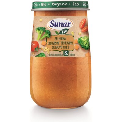 Sunar BIO Príkrm Zelenina, celozrnné cestoviny, olivový olej (od ukončeného 8. mesiaca) 190 g detský zeleninový príkrm