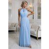 Svetlomodré maxi večerné šaty s tylovou sukňou a viazaním v pase