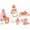 Set bábika v dupačkách v kolíske Doll Baby Nurse Smoby s plienkami a vanička s funkčnou sprchou a jedálenská stolička
