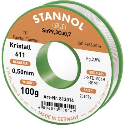 Stannol Kristall 611 Fairtin spájkovací cín bez olova bez olova Sn99,3Cu0,7 REM1 100 g 0.5 mm