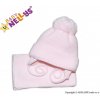 BABY NELLYS Zimná čiapočka so šálom - ružová s veľkou bambuľkou, 62/68 (3-6m)