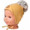 Baby Nellys Bavlnená dvojvrstvová čiapka s brmbolcom na zaväz. Star - horčicová, veľ.68/80, 68-80 (6-12m)
