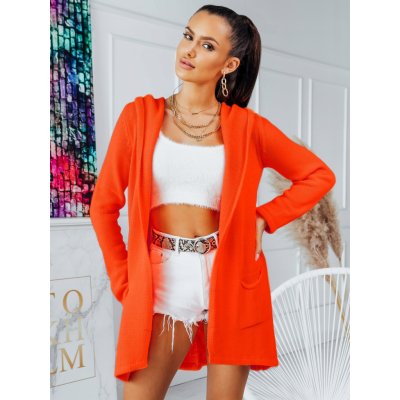 Fashionweek Maxi dlhý farebný sveter, cardigan, blazer s kapucňu/3681 Farba: Koralový neon