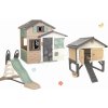 Smoby Set domček Priateľov s ekologickou šmykľavkou v prírodných farbách Friends Evo Playhouse Green rozšíriteľný dĺžka šmyku 2,3 m s vodotryskom a kurín pre sliepky s hniezdom a kŕmidlom