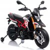 Beneo elektrická motorka Aprilia Dorsoduro 900 Licencované 12V batéria Eva mäkké kolesá 2 x 18W motor odpruženie kovový rám kovová vidlica pomocné kolieska červená