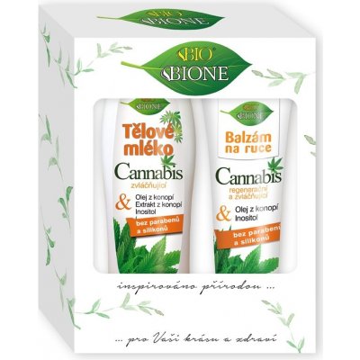Bione Cosmetics Cannabis regeneračný a zvláčňujúci balzam na ruky 205 ml + hydratačné telové mlieko 500 ml kozmetická sada