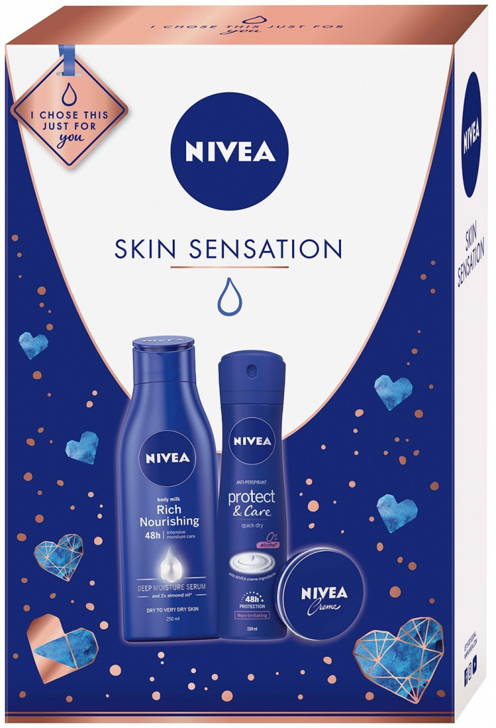 Nivea Skin Sensation Body Milk výživné telové mlieko pre ženy 250 ml + Protect & Care antiperspirant sprej pre ženy 150 ml + krém 30 ml darčeková sada