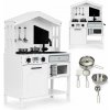 ECOTOYS Drevená kuchynka pre deti s rúrou, mikrovlnkou, 2 horákmi a 5 kovovými doplnkami PLK563W