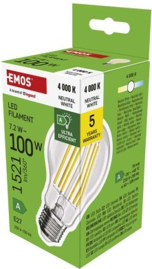 EMOS LED žiarovka Filament A60 A CLASS / E27 / 7,2 W 100 W / 1521 lm / neutrálna biela