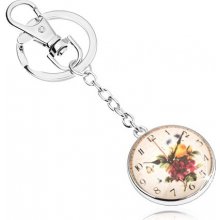 Šperky eshop Prívesok na kľúče v štýle cabochon číre vypuklé sklo motív hodín s kvetmi SP64.30