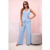 Modrý elegantný dámsky overal s baskinkou a ozdobnými gombíkmi