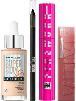 Maybelline Lash Sensational Firework sada špirála 10 ml Odtieň Black + make-up 30 ml Odtieň 5.5 + ceruzka na oči 1,3 g Odtieň 900 Deep Onyx + rúž 4,2 ml Odtieň 35 Cheeky