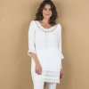 Krepónová tunika s 3 4 rukávmi a macramé biela