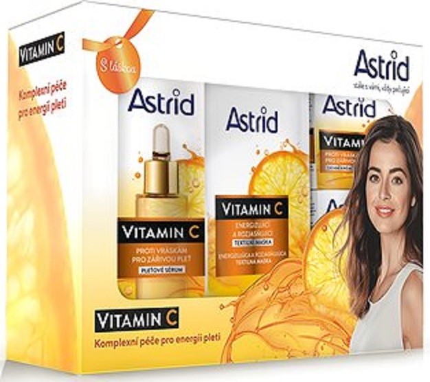 Astrid Vitamin C pleťové sérum proti vráskám 30 ml + denní krém proti vráskám 50 ml + noční krém proti vráskám 50 ml + pleťová textilní maska pro hydrataci pleti 20 ml darčeková sa