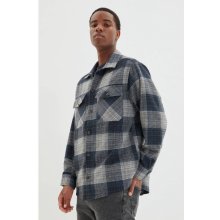 Trendyol navy blue men's oversize shirt collar double Flap pocketed lumberjack plaid shirt šedá