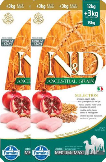 N & D Dog AG Selection Adult Medium & Maxi Chicken Spelt Oats & Pomegranate 12 kg 3 kg