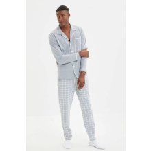 Trendyol Regular Fit Top Piping Detailed pánské pyžamo dlouhé propínací sv.šedé