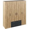 KONDELA Korny štvordverová šatníková skriňa so zásuvkami dub artisan / grafit