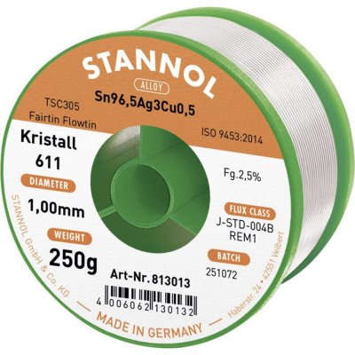 Stannol Kristall 611 Fairtin spájkovací cín bez olova bez olova Sn96,5Ag3Cu0,5 REM1 250 g 1 mm