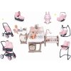 Set domček pre bábiku Large Doll's Play Center Natur D'Amour Baby Nurse Smoby a kočík s jedálenskou stoličkou autosedačkou hojdačkou a klokankou