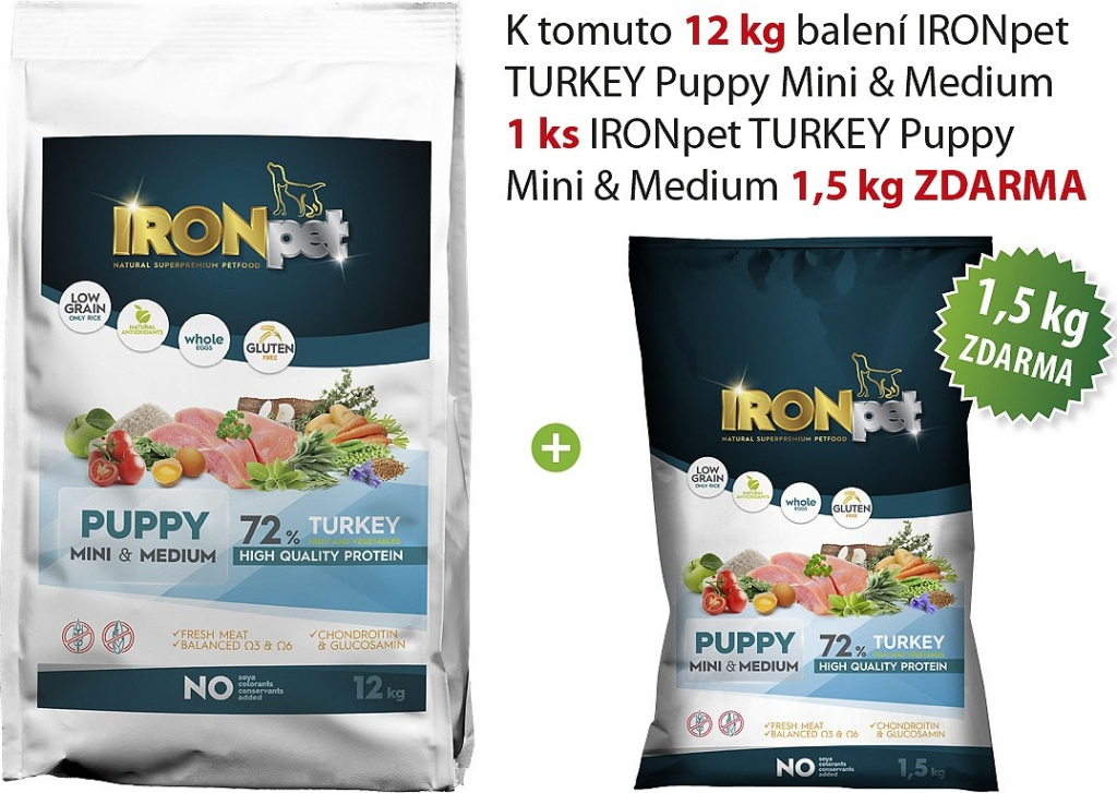 IRONpet Tturkey Puppy Mini & Medium morka 12 kg