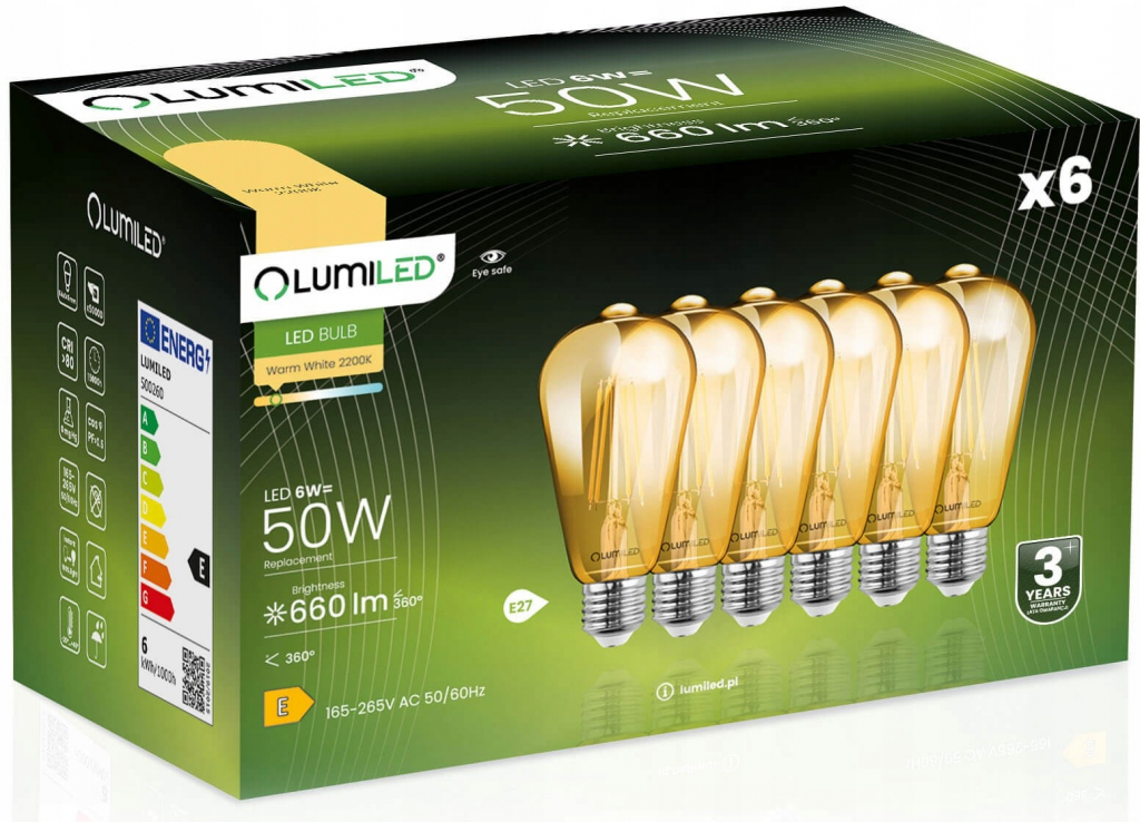 Lumiled 6x LED žiarovka E27 ST64 6W 50W 660lm 2200K Teplá biela 360°