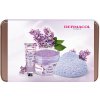 Dermacol Lilac Flower Shower tělový peeling 200 g + krém na ruce 30 ml + dekorativní vonná svíčka + plechová krabička darčeková sada