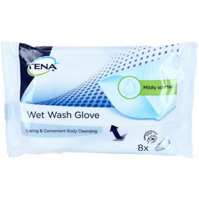 Tena Wet Wash Gloves vlhčené rukavice na umývanie, neparfumované, 8 ks