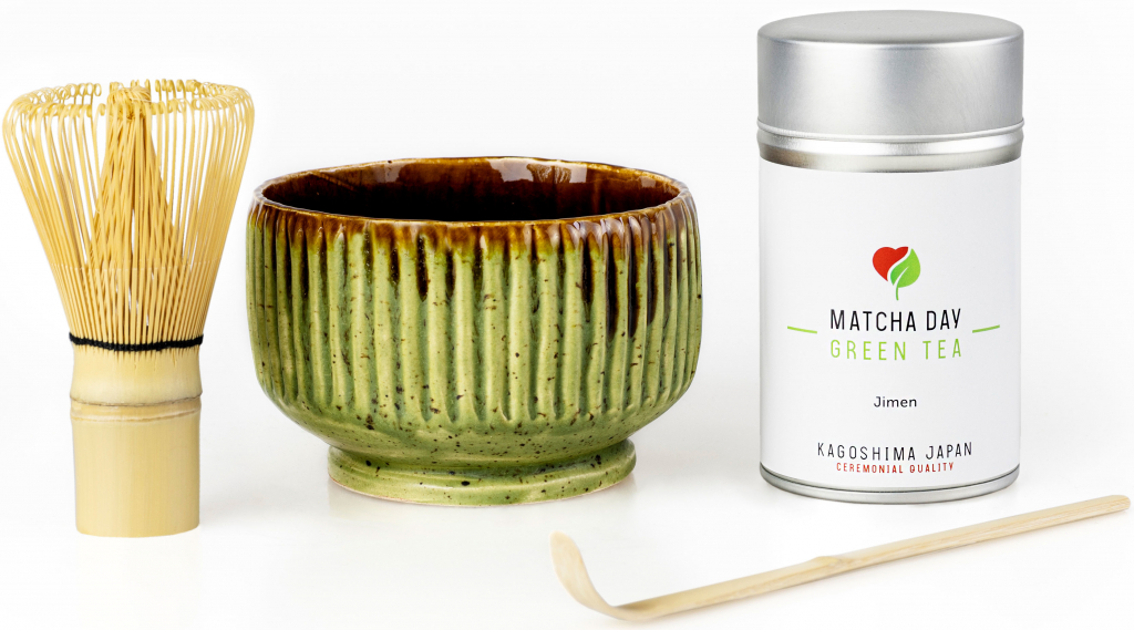 Matcha Day balík Tradičná príprava Bio Jimen zelený čaj a zelená chawan miska 50 g