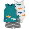 CARTER'S Set 3dielny body tielko, tričko bez rukávov, nohavice kr. Green Shark chlapec 12 m, veľ. 80