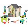 Set domček pre záhradníka a kosačka so zvukom Garden House Life Smoby rozšíriteľný s kvetináčmi a stolík so záhradným náradím