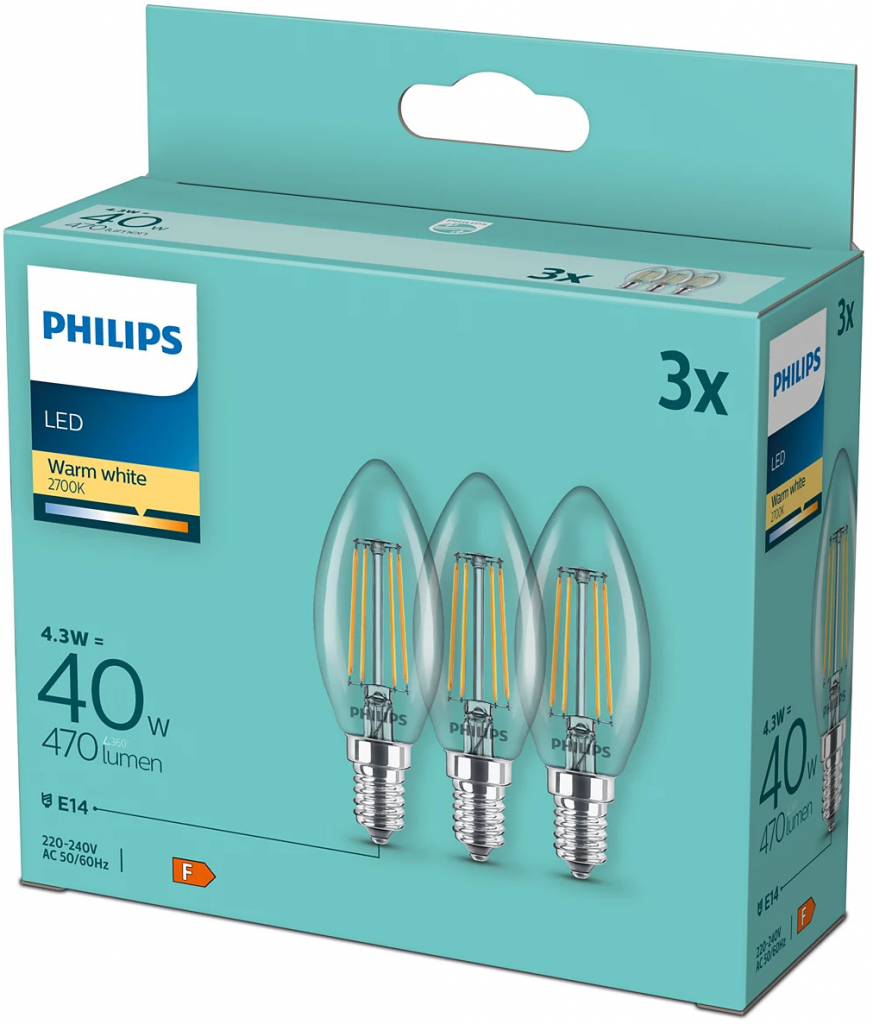 Philips svíčka, 4,3W, E14, teplá bílá, 3ks
