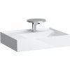 LAUFEN Kartell asymetrické závesné umývadlo s odkladacou plochou vľavo, s otvorom, bez prepadu, so skrytým odpadom, 600 x 460 mm, biela, H8183350001111
