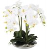 Umelá kvetina orchidea phalaenopsis 4 výhony v keramickej striebornej miske 41 cm biela