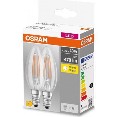 Osram Sada LED žiaroviek sviečka, 4 W, 470 lm, teplá biela, E14, 2 ks LED BASE CL B 40 4W/827 E14 FIL, BO