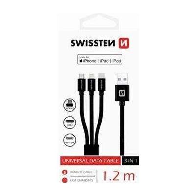 Swissten Datový kabel 3in1 MFi, 1,2 m, textilní, (micro USB, USB-C, Lightning) černý (72501101)