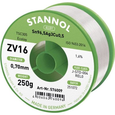 Stannol ZV16 spájkovací cín bez olova bez olova Sn96,5Ag3Cu0,5 REL0 250 g 0.7 mm