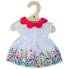 Bigjigs Toys Biele kvetinové šaty s červeným golierom pre bábiku 34 cm