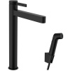 HANSGROHE Finoris páková batéria pre umývadlové misy, s bidetovou sprškou a sprchovou hadicou 160 cm, s odtokovou súpravou Push-Open, výška výtoku 264 mm, matná čierna, 76220670