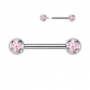 Titánový piercing do bradavky s vnútorným závitom a zirkónmi Pery Farba: Strieborná / Ružová, Veľkosť: 1,6 mm, Dĺžka / priemer: 12 mm