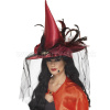 Klobúk - ČARODEJNICA DELUXE - tmavočervený so závojom a perím