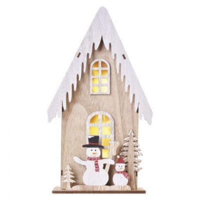 EMOS LED dekor. drevená – dom so snehuliakmi, 28,5 cm, 2x AA, vnútorná, teplá biela, časovač DCWW18